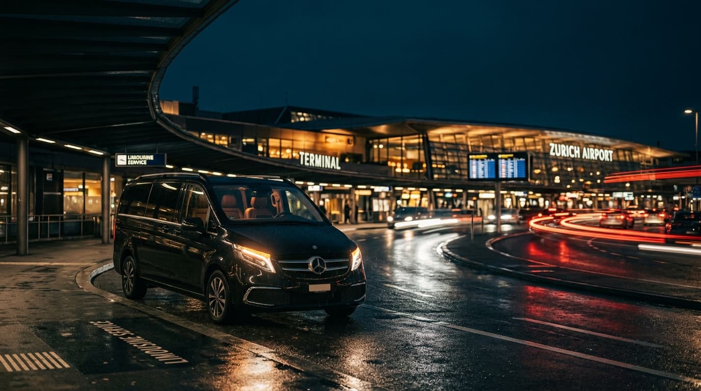 Flughafentransfer am beleuchteten Terminal des Flughafens Zürich bei Nacht
