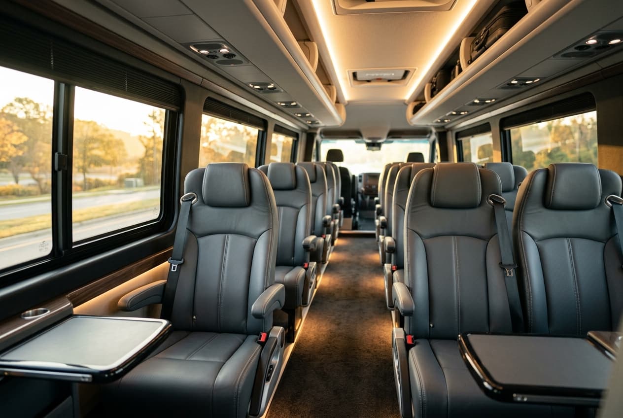 Komfortabler Innenraum des 8-Plätzers von Kaplan Transfer mit Beinfreiheit und Stauraum