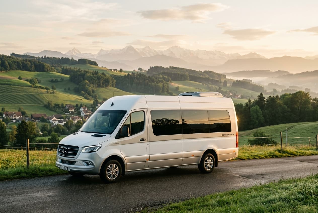 Kleinbus von Kaplan Transfer unterwegs für eine internationale Fahrt ins Ausland