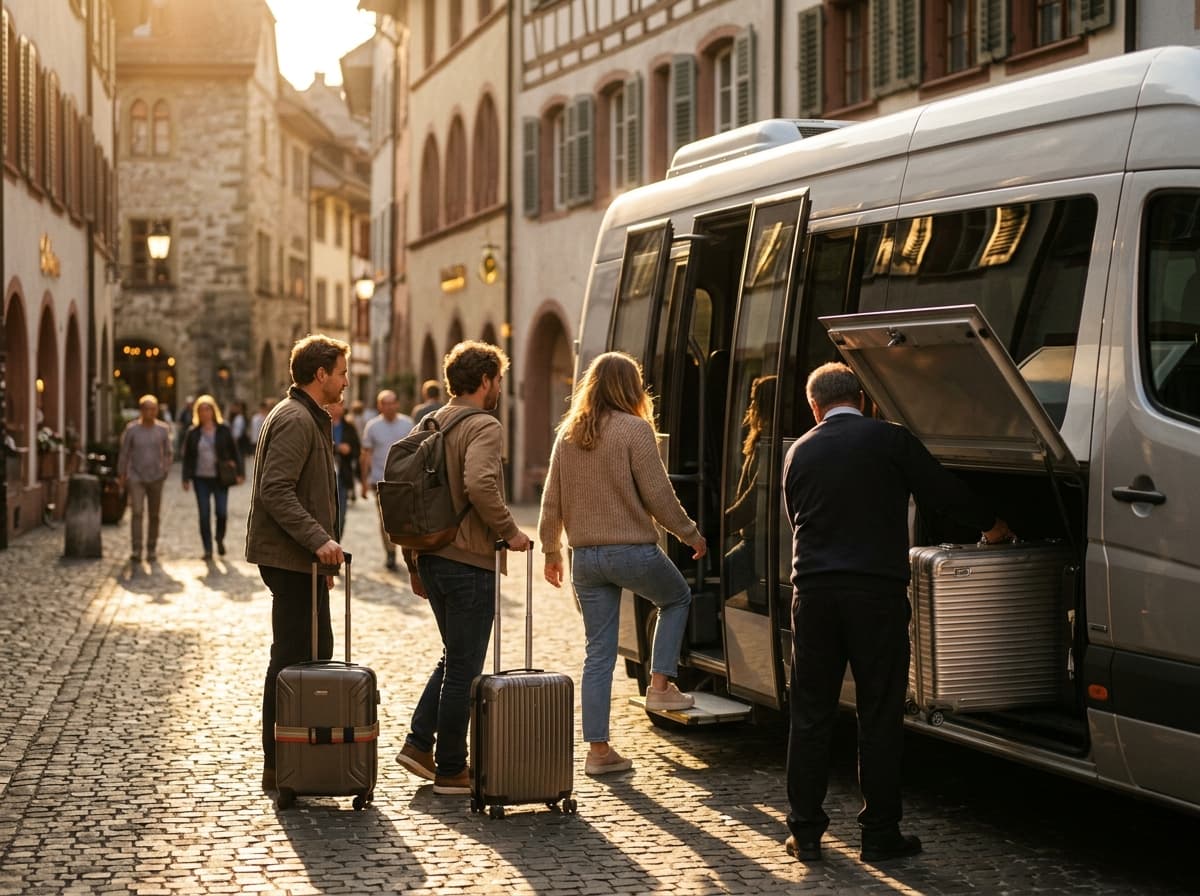 Reisegruppe mit Gepäck steigt für den Gruppentransfer in den Kleinbus von Kaplan Transfer