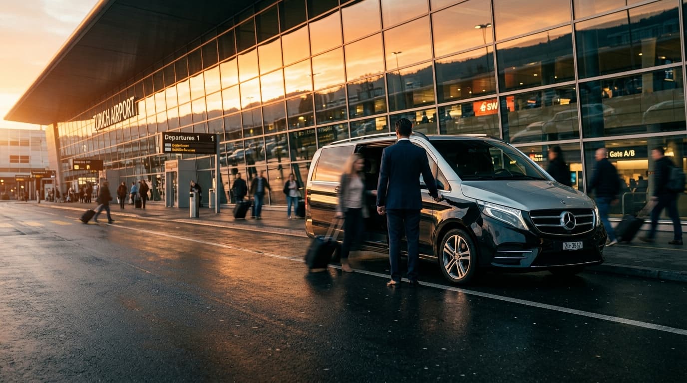 Mercedes V-Class Flughafentransfer am Flughafen Zürich im Morgenlicht